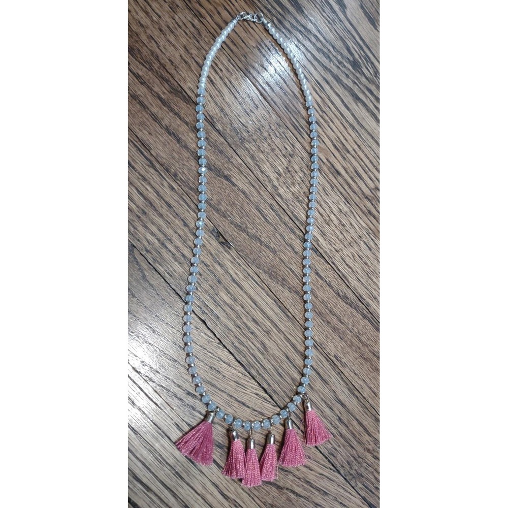 Pink Tassel Necklace White Pearl Beaded Statement Long Boho Romantic